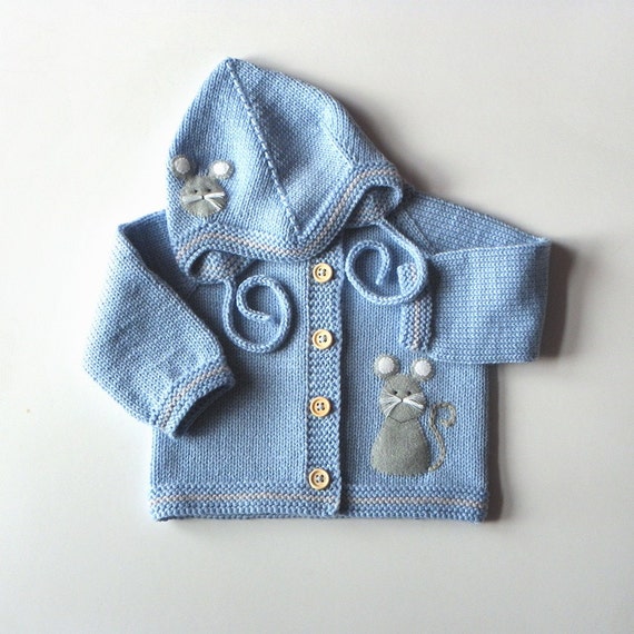 Knitted baby boy set light blue baby set with mouse merino