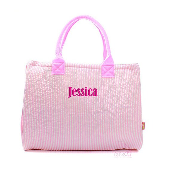 Personalized Seersucker Tote Bag Baby Pink White Stiped Beach Pool ...