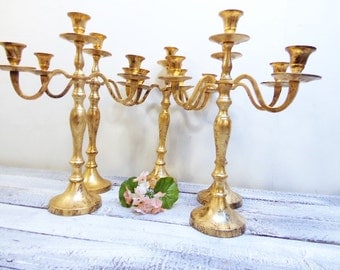 10 Wedding Candelabras 3 arm Shabby Candle Holder Antique Gold Distressed
