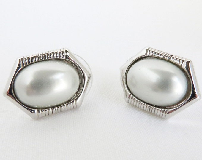Trifari Faux Pearl Earrings, Vintage Silver Tone Pierced Stud Earrings, Signed Designer Jewelry