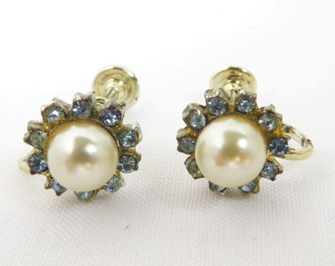 Vintage Faux Pearl Rhinestone Earrings, Silver Tone Screw Back Earrings Bridal Jewelry, Gift for Her