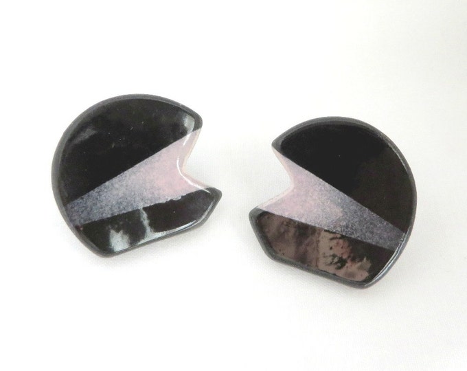 Vintage Black and Pink Enamel Earrings, Artisan Studs