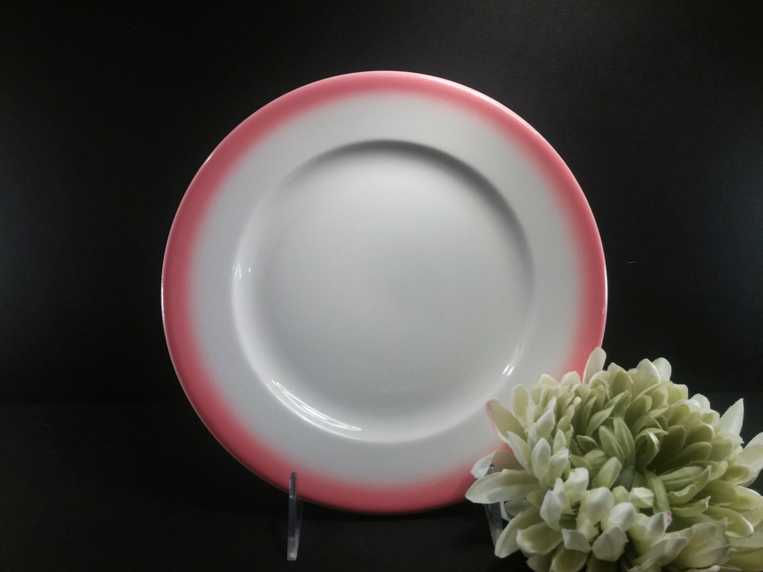 Vintage Buffalo China Dinner Plate with Pink Airbrushed Rim.