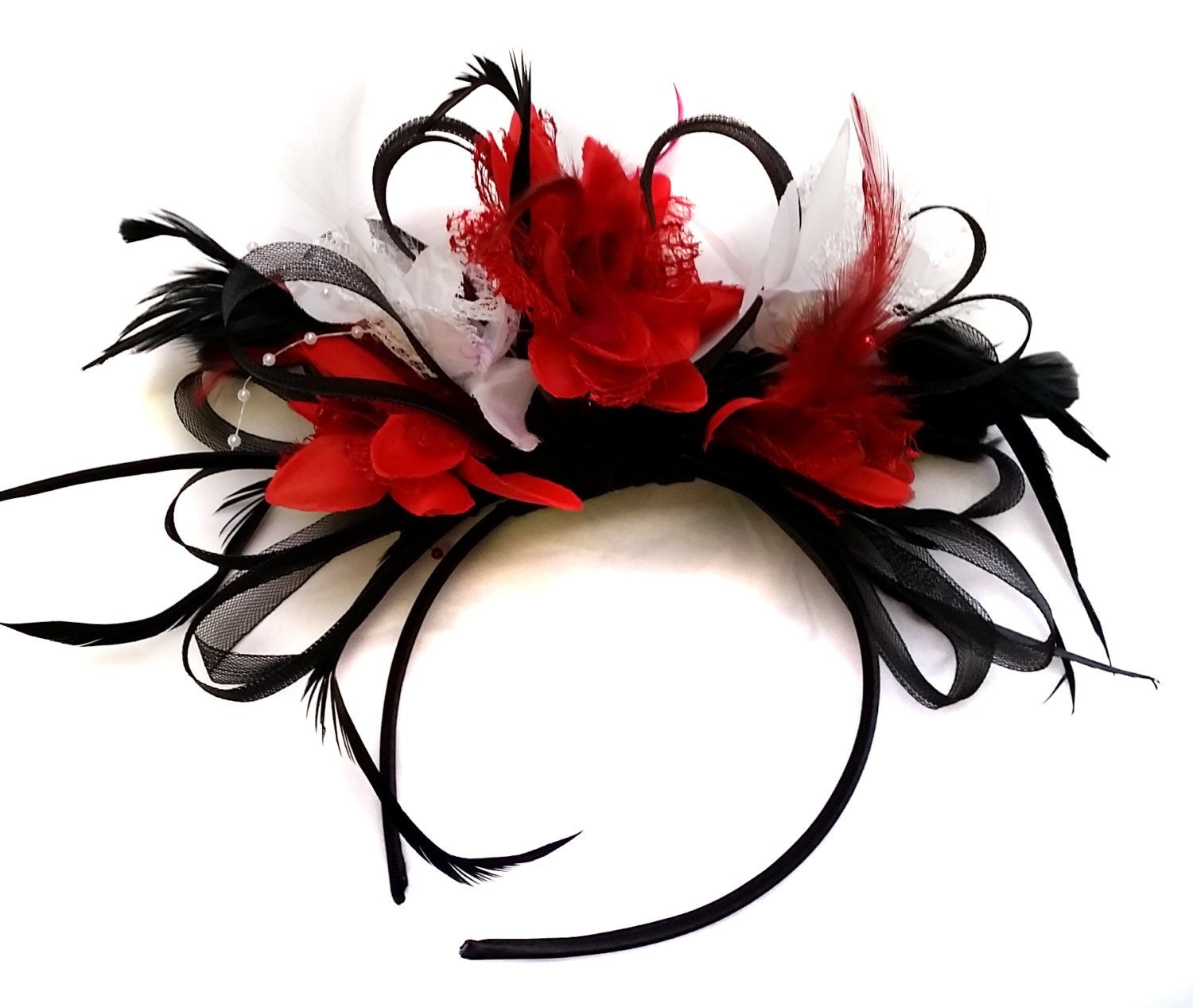 Black Red & White Fascinator Headband Alice Band Wedding Ascot