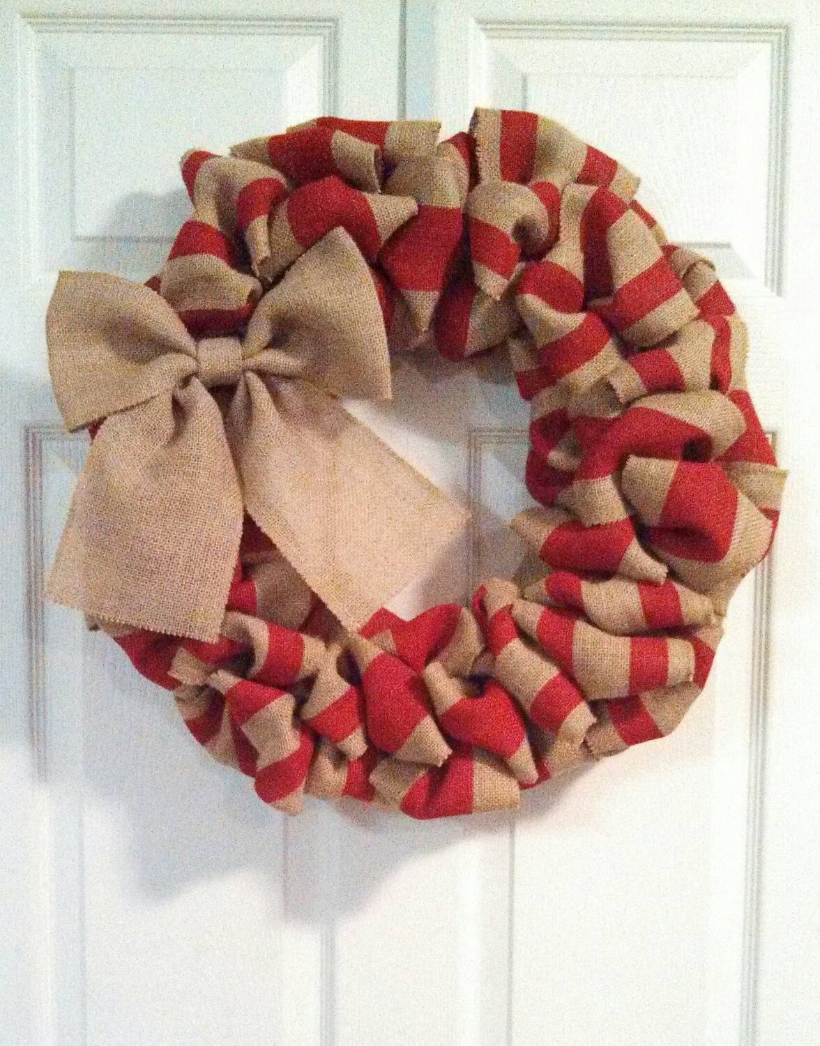 Red Stripped Burlap Christmas Wreath, Christmas Wreath, Red and Natural Burlap Wreath, Christmas Decor