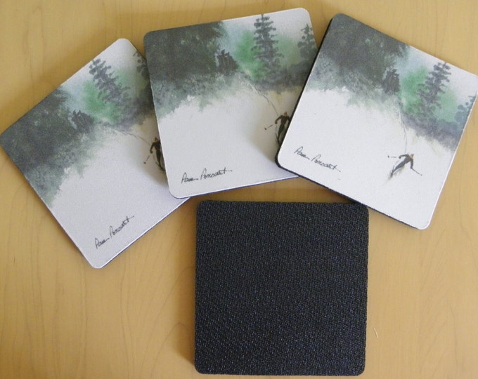 COASTERS for Skier 4-piece Gift Set created from Watercolor painting by Pam Ponsart