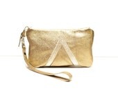 Gold Metallic Leather Wristlet, Art Deco Zipper Pouch, Travel Wallet, Geometric Bag, Evening Clutch, Wedding Gift