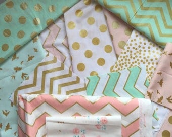 CRIB BEDDING Girl Gold, Pink, Mint, White-Glitz-Crib Sheet, Crib Skirt, Crib Bumpers, Mini Crib Bedding, Changing Cover, Boppy Cover