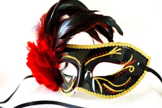 Black Red and Gold masquerade mask with by Stefanelbeadwork