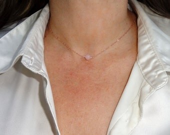 Rose gold rose quartz necklace, Rose gold fill necklace, Rose quartz necklace, Delicate rose gold choker necklace, Bridesmaids necklace
