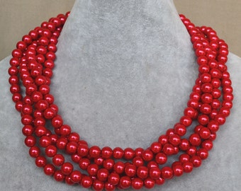 Red crochet necklace. Bridesmaid jewelry. Necklace on ribbon.