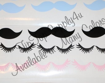 10 sets of lashes & 10 mustache vinyl decals. Gender reveal, Lashes or staches, Birthday Party, Boy Girl Party, His and her, Shower. B30 C99