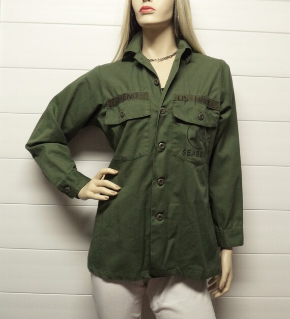 1980's US Navy Seabees olive-drab green long sleeve shirt