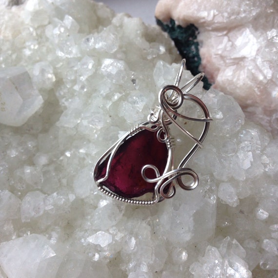 Very Rare Natural Garnet Slice Sterling Silver Wire Wrapped Pendant