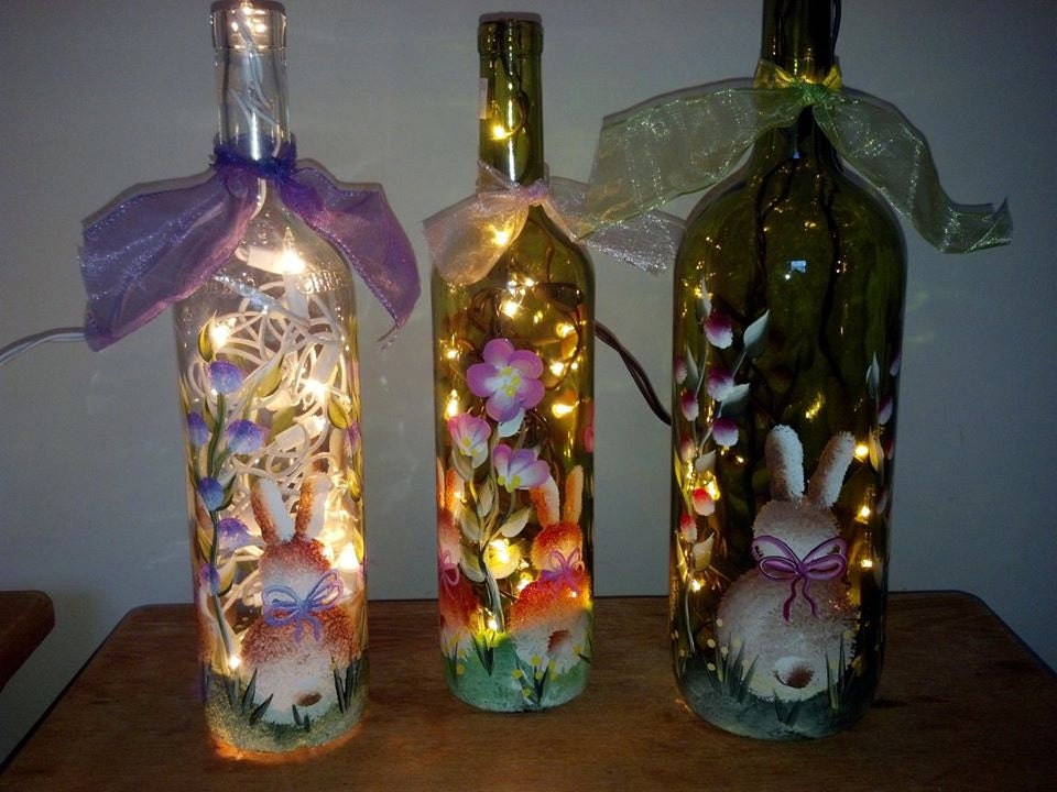 Easter Lighted Wine Bottles by SharonsPaintedWoods on Etsy