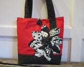 Red Womens handbag, Black flower tote bag, Red Handmade fabric bag, Applique shoulder bag, Cute Red purse, Unique Designer handbag tote
