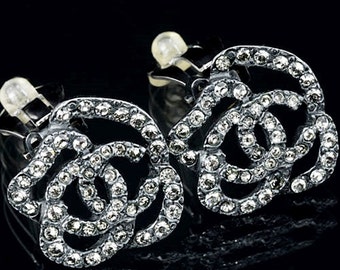 Authentic CHANEL Coco Camellia Flower Gunmetal Crystal Earrings