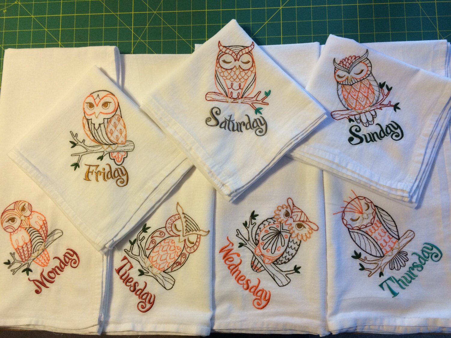 Machine Embroidered Flour Sack Dish Towel Set 7 Towels