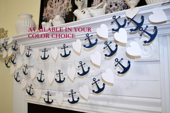 Anchor heart garland, wedding garland, beach wedding decorations, nautical wedding banner decor, white navy heart anchor decor seaside decor Il_570xn