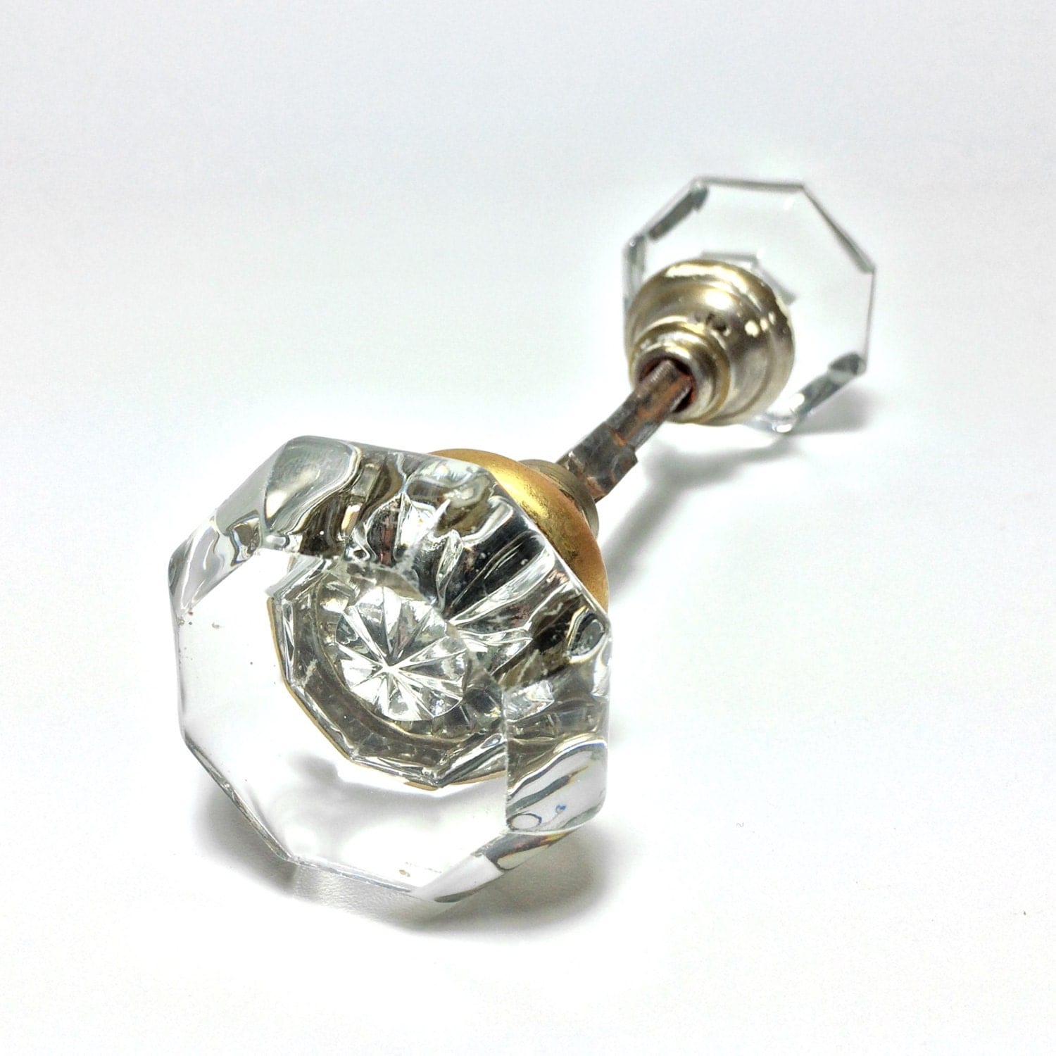 Pair of Vintage Crystal Door Knobs 8 Sided Glass Doorknob