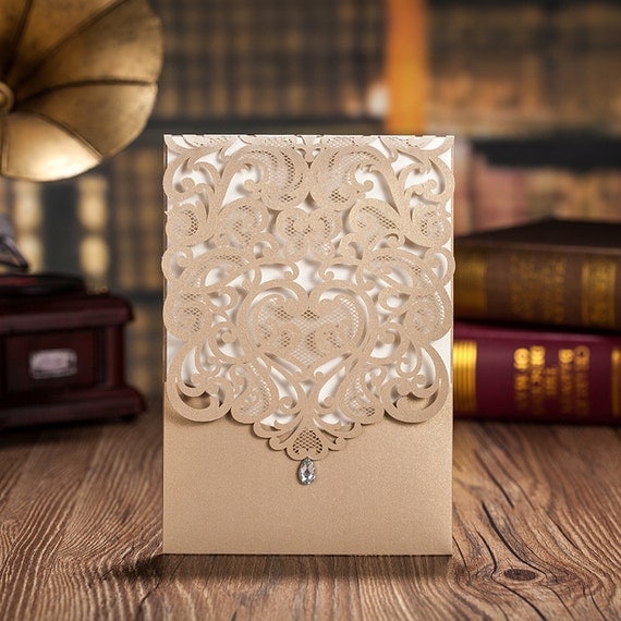 70pcs Gold Lace Wedding Invitation with 2 separate cards / Ship Worldwide 3-5 Days -- Set of 70 Pcs