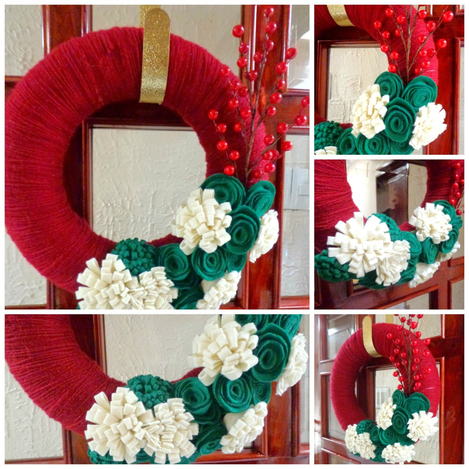 Christmas Wreath - 13 inch - Red Yarn Wrapped Wreath with Ivory and Green Felt Flowers with cranberries acccent. Wreath