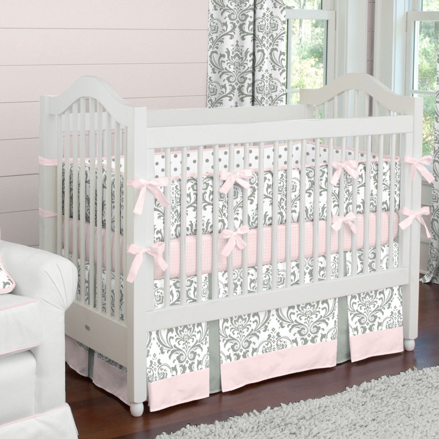 Girl Baby Bedding: Pink and Gray Traditions Damask 2-Piece