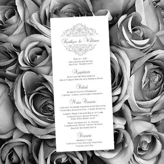 Printable Silver Wedding Menu Template In Grace Design Editable Worddoc Instant Download ALL COLORS Available DIY You Print