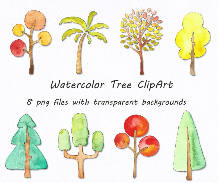 Watercolor tree clipart Hand drawn by PassionPNGcreation on Etsy