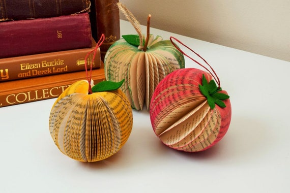 Book Art Apple Strawberry Pear  Orange shaped Paper Fruit handmade from books hanging