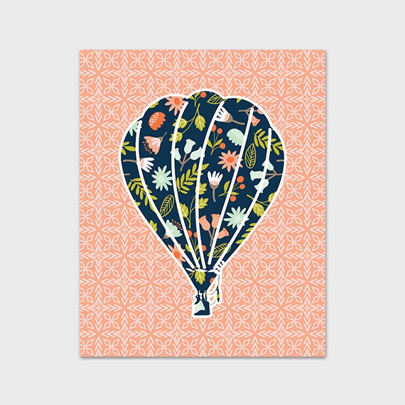 Nursery Art Print, Hot Air Balloon Nursery Print, Peach and Navy Blue, Navy Blue Floral, Coral, Instant Download, Collage Download