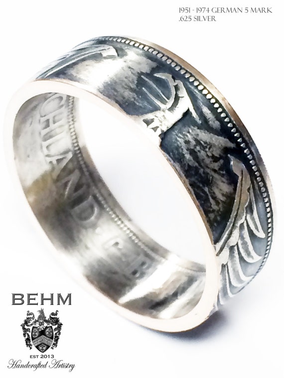 SILVER Handcrafted Coin Ring: 1951-1974 German 5 Mark - Please select ...