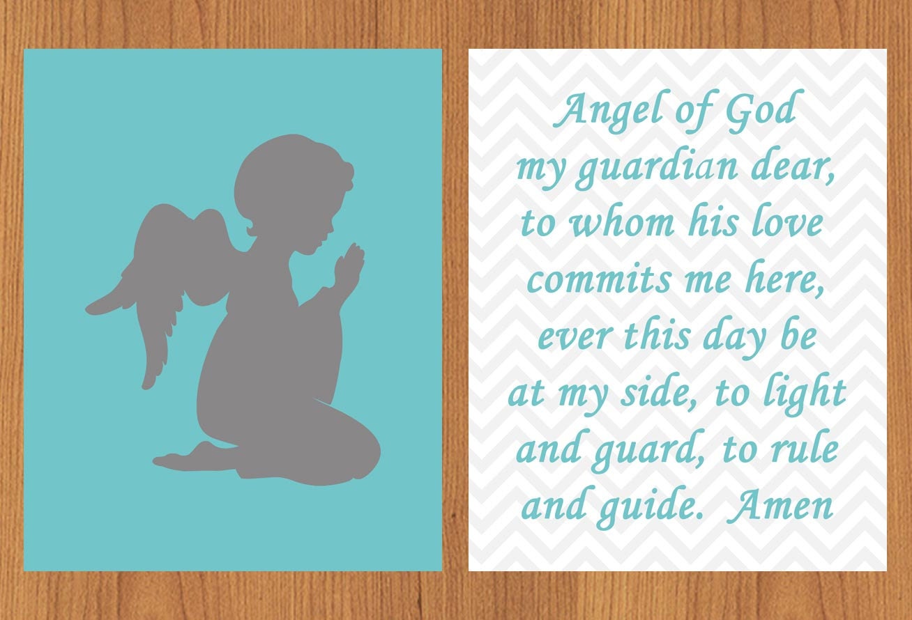 Guardian Angel Prayer Nursery Wall Art Grey Aqua Gender