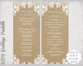 Rustic Wedding program template "Rustic Lace" DIY ecru kraft order of ceremony printable YOU EDIT instant download