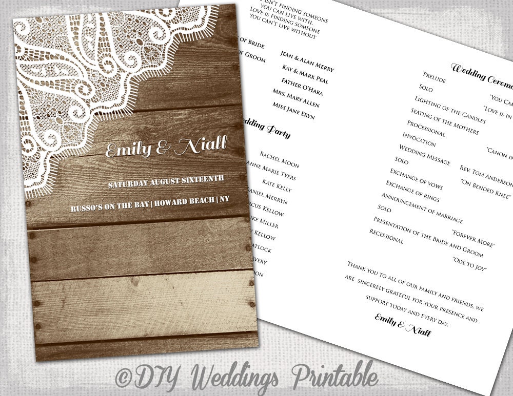 Rustic Wedding Program Printable Program Template Wood