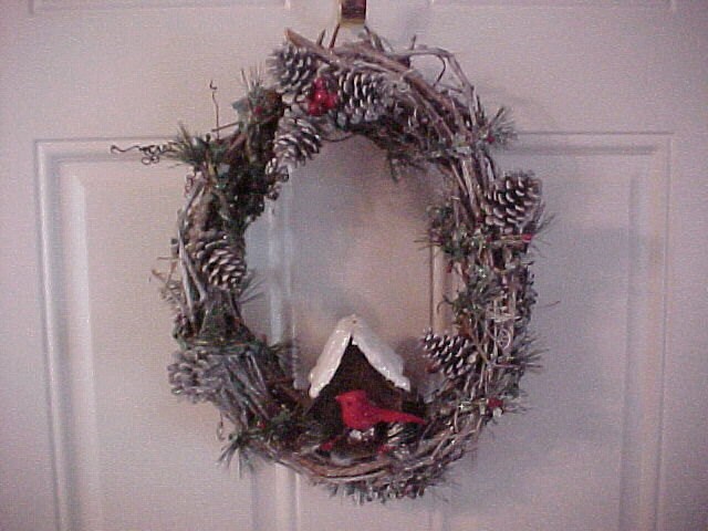 Handmade Grape Vine Pinecone Birdhouse Wreath