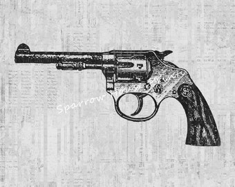 Antique Print Revolver Gun Wall Art Home Decor Vintage Print with B&W Script Paper Background No