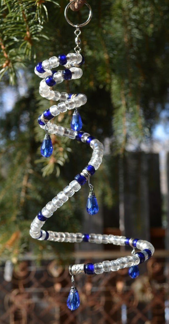 Beautiful Cobalt Blue Glass Beaded Spiral Suncatcher Mobile
