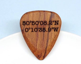 Custom Guitar Pick, Personalised Wood Guitar Plectrum, Personalized Guitar Pick, Guitar Pick With Co-ordinates, Wooden Coordinates Plectrum