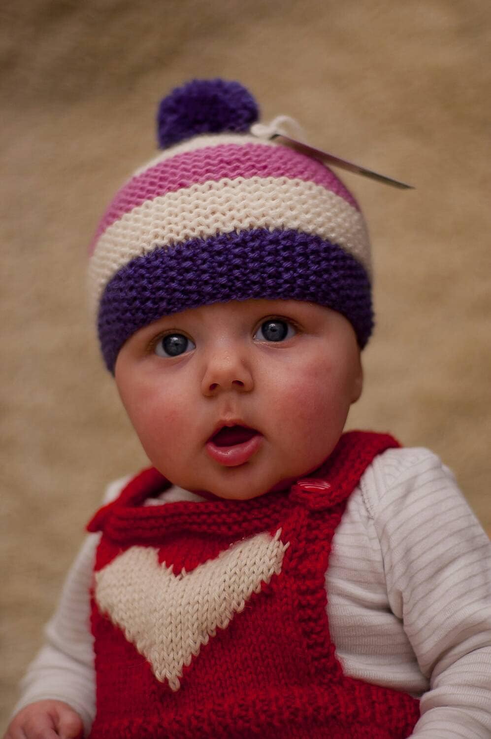 Newborn hat baby knitted hat striped Bobble pompom hat in