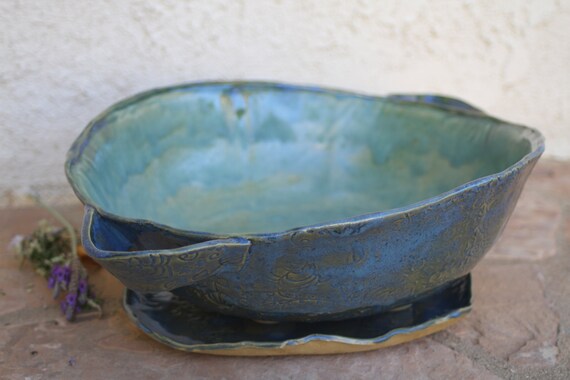 Large Blue Planter Ceramic handmade Planter with Handles for