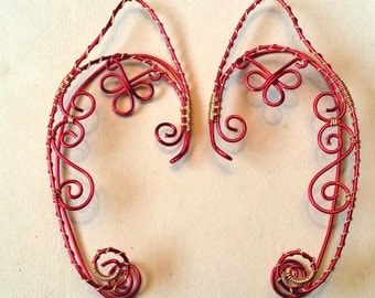 Renaissance Fairy / Elf Ear Cuffs Red/Gold Wire Wrap Cosplay Ren Faire