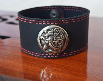 Hand Made Leather Bracelet with Celtic Dragon Medallion
