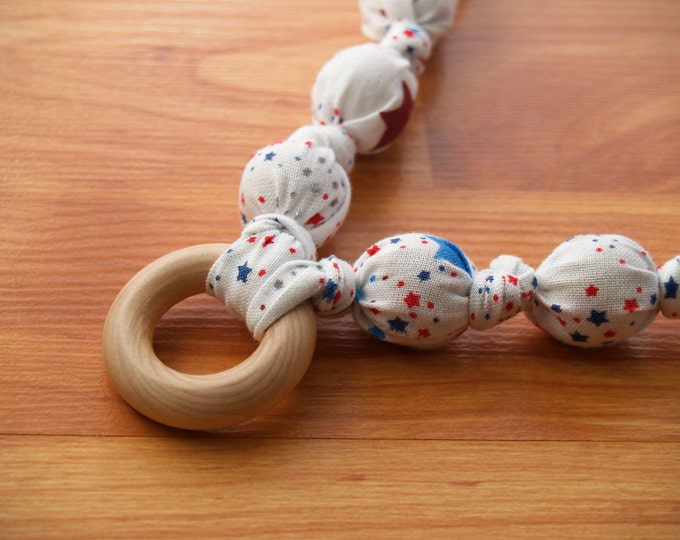 Breastfeeding Nursing Necklace, Teething Necklace, Fabric Necklace, Mother's Day Gift - Single Ring - Red White and Blue Stars