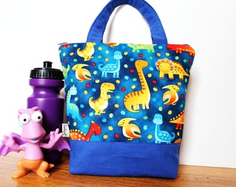 Insulated Lunch Bag / lunch Tote, Personalised, Australian made, zipped, Waterproof lining – Medium or Large, Blue Dinosaurs