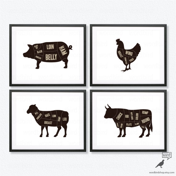 Butcher Prints 4 Set Vintage Style Kitchen Wall Decor Meat