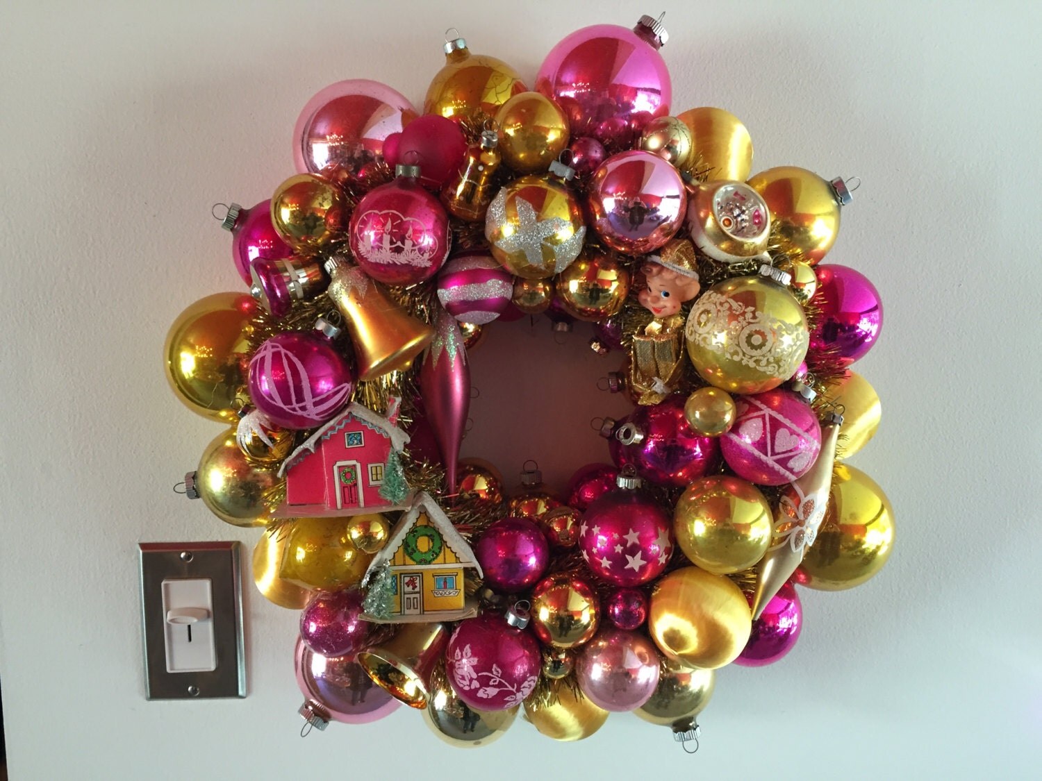 Vintage Christmas Ornament Wreath Pink & Gold with Alpine Village and Knee Hugger Elf - Shiny Brite