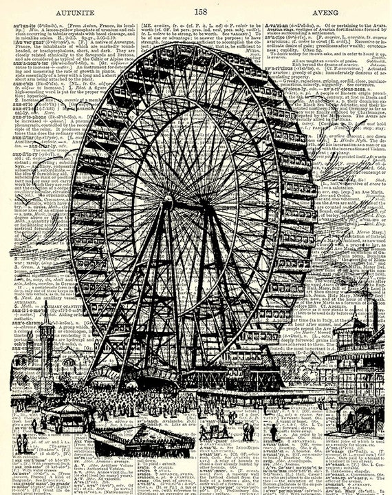 Ferris Wheel Art Print. Vintage book page art print. Print on