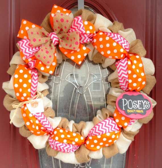 Items similar to Orange and Pink Wreath, Wreath, Burlap Wreath, Home Decor, Spring Wreath, Gift