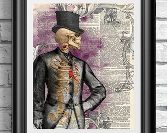 Gothic victorian anatomical skeleton gentleman. Art print on antique dictionary book page. Old sheet artwork Wall hangings skull love heart.